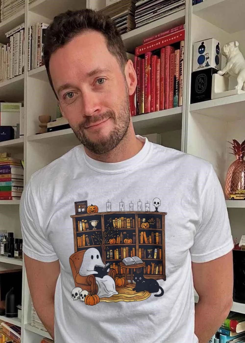 Halloween Ghost Reading Books with Black Cat and Pumpkins shirt