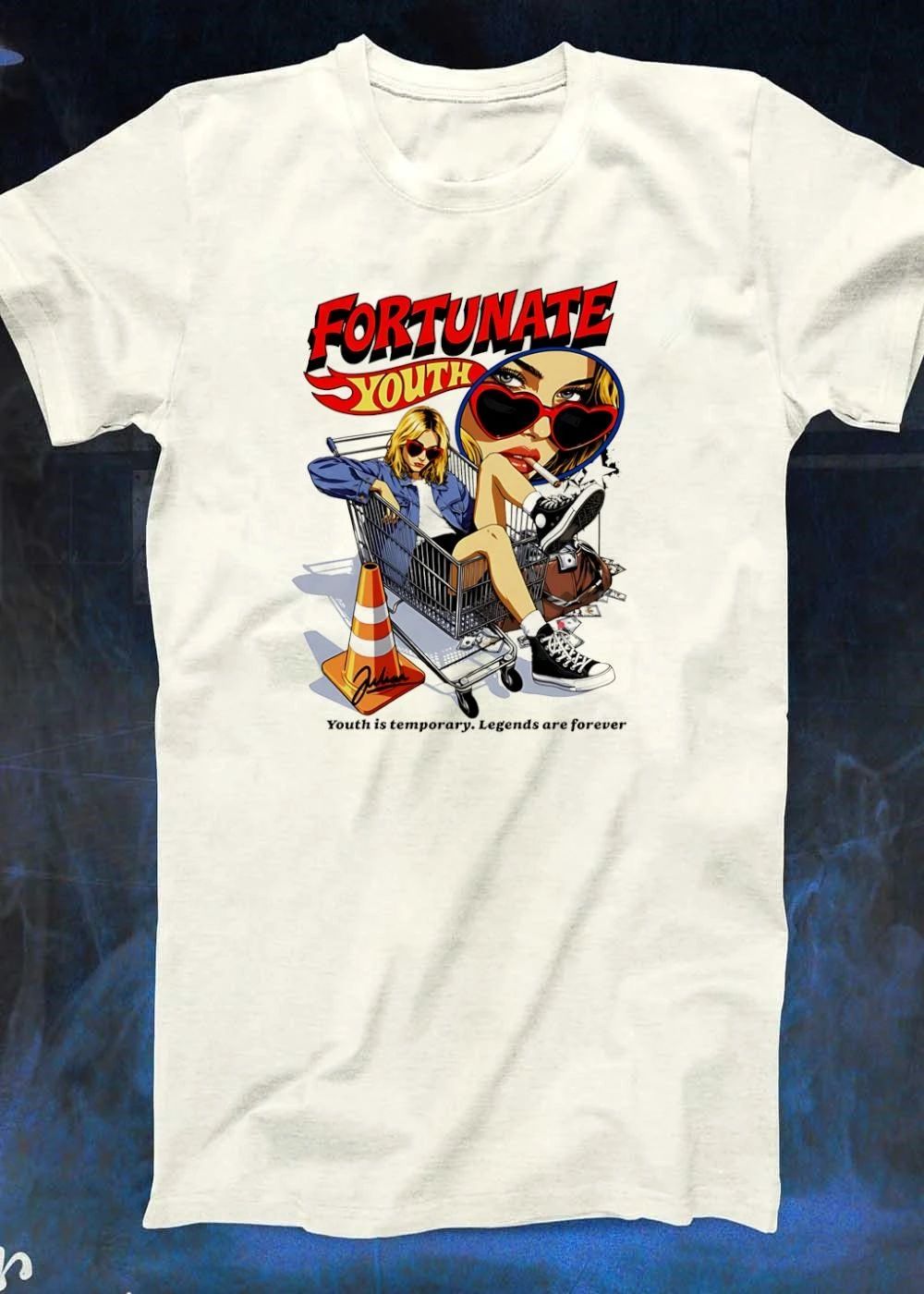 Fortunate Youth Shopping Cart Girl Smoking Heart Sunglasses T-Shirt