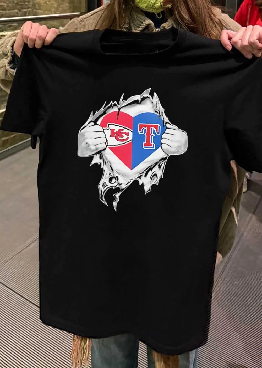 Fan Gear ‘ KC Chiefs Texas Rangers Rip Open Heart Shirt