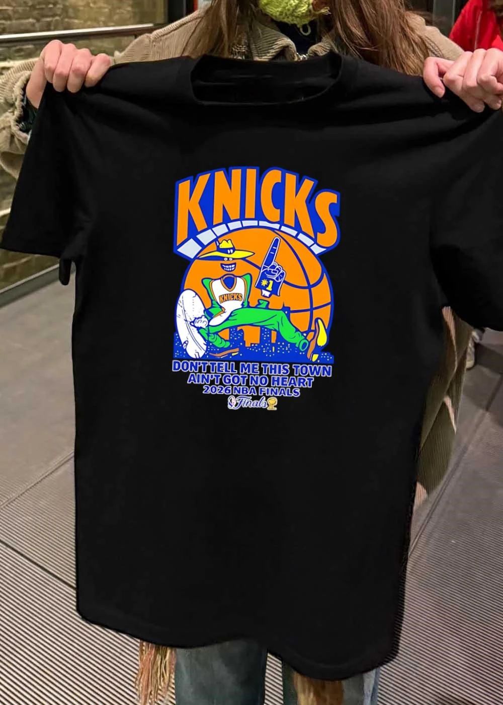 Knicks Apparel ‘ Mascot Holding Foam Finger ‘ Don’t Tell Me This Town Ain’t Got No Heart 2026 NBA Finals Knicks T-Shirt