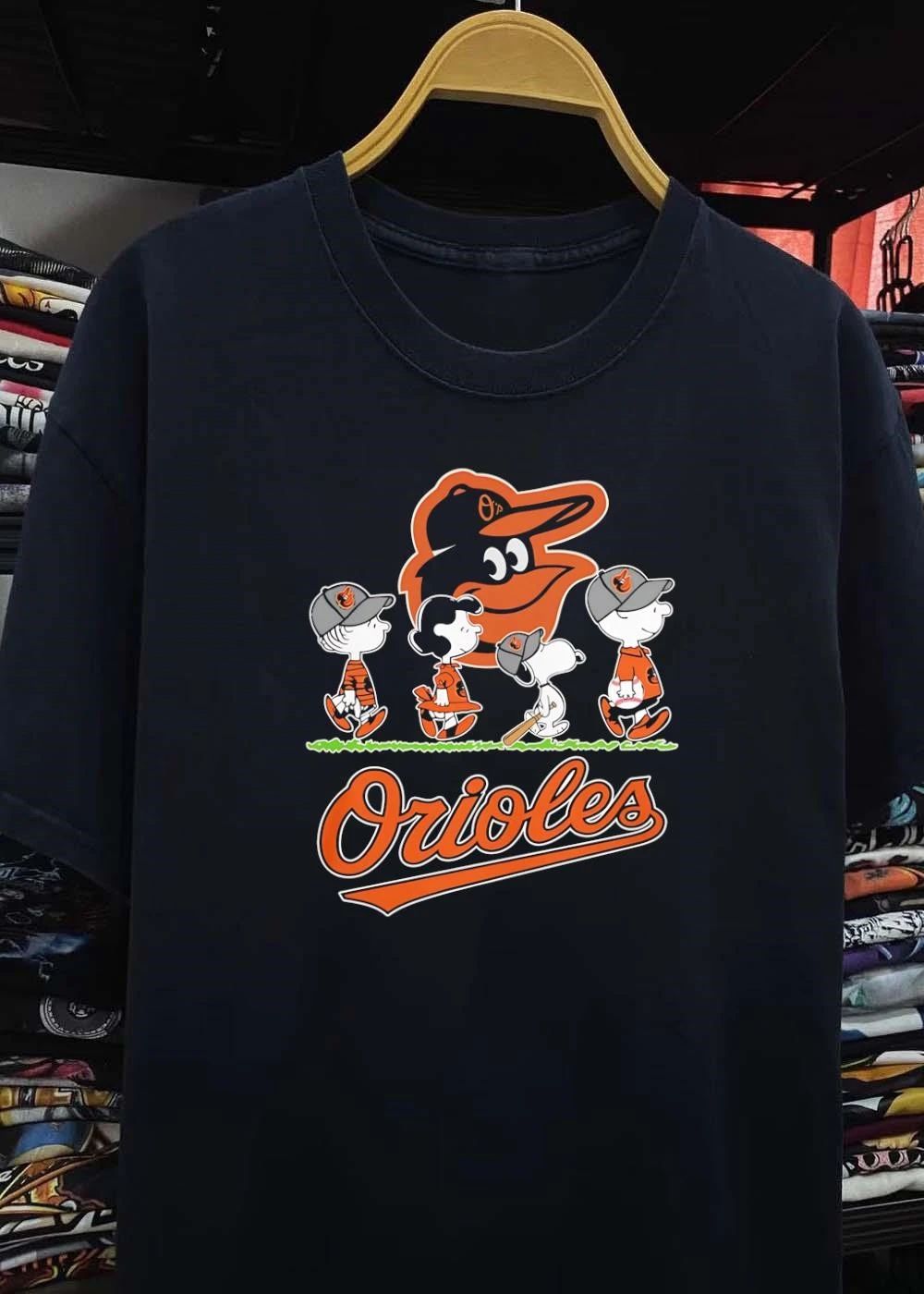 Peanuts Gang Walking with Baseball Gear Orioles T-Shirt