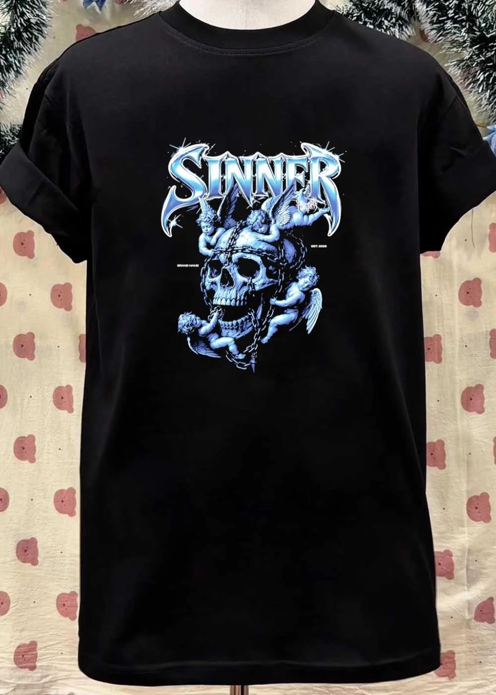 Sinner Chrome Lettering Skull and Angels shirt