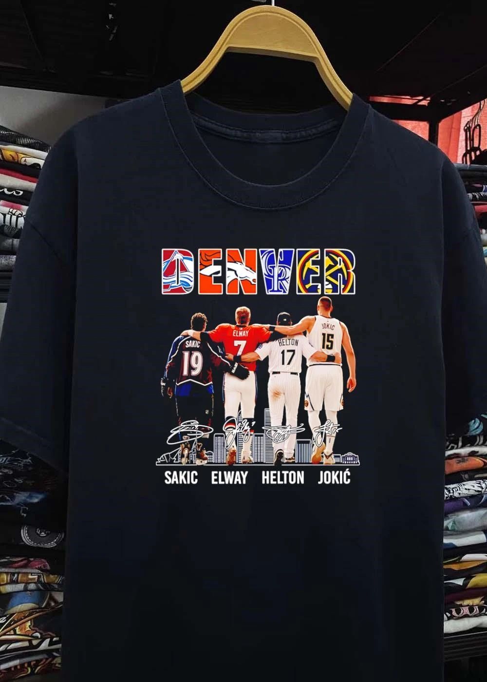 Denver Avalanche Broncos Rockies Nuggets Joe Sakic John Elway Todd Helton Nikola Jokic Signatures Skyline shirt