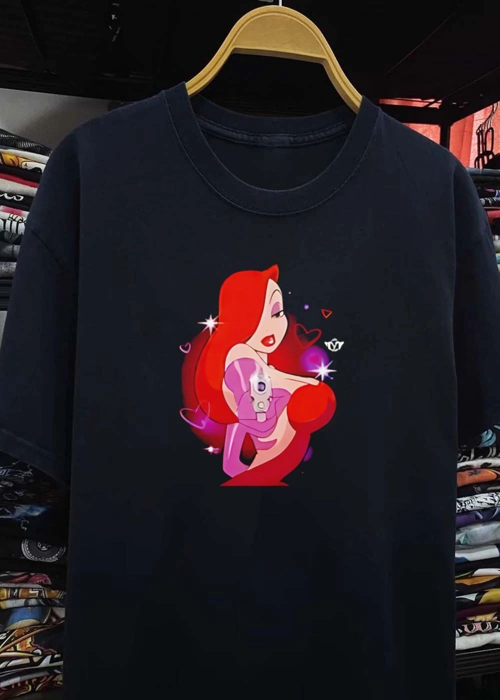 Jessica Rabbit Holding Gun Cartoon Hearts Glittery Sexy Woman T-Shirt