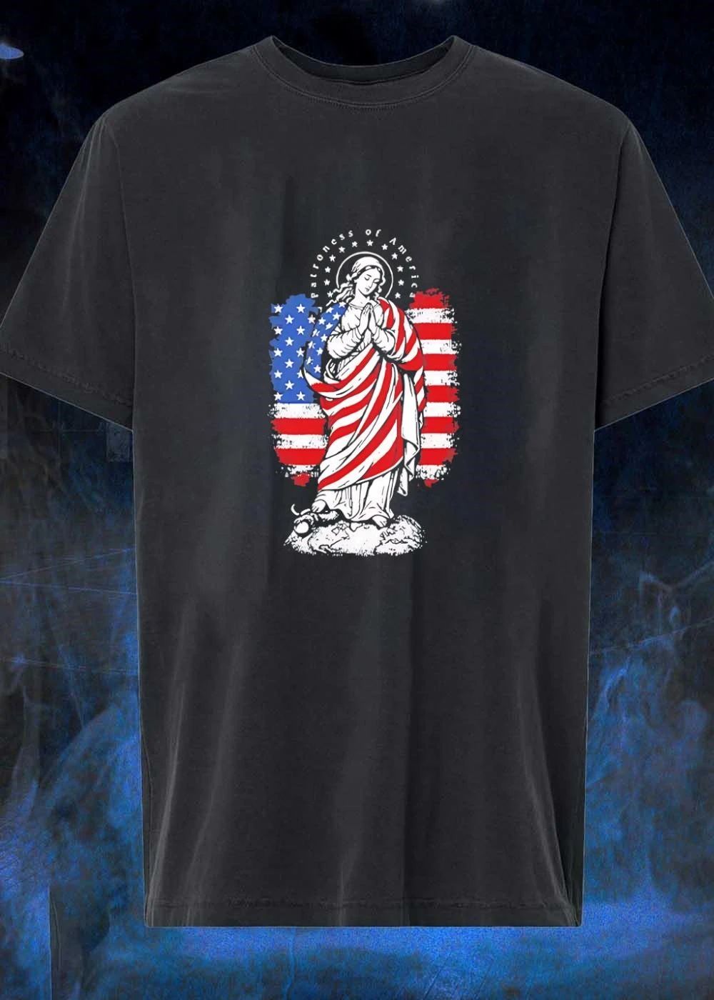 Patroness of America Blessed Virgin Mary Praying United States Flag T-Shirt