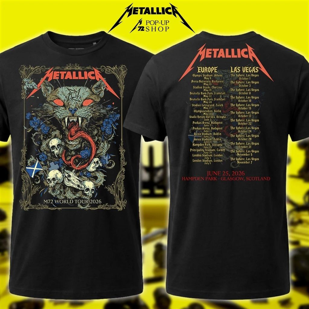 Metallica M72 World Tour 2026 EU Merch Shirt – Glasgow, Scotland 25th June 2026 Wolf Skull Jack Art