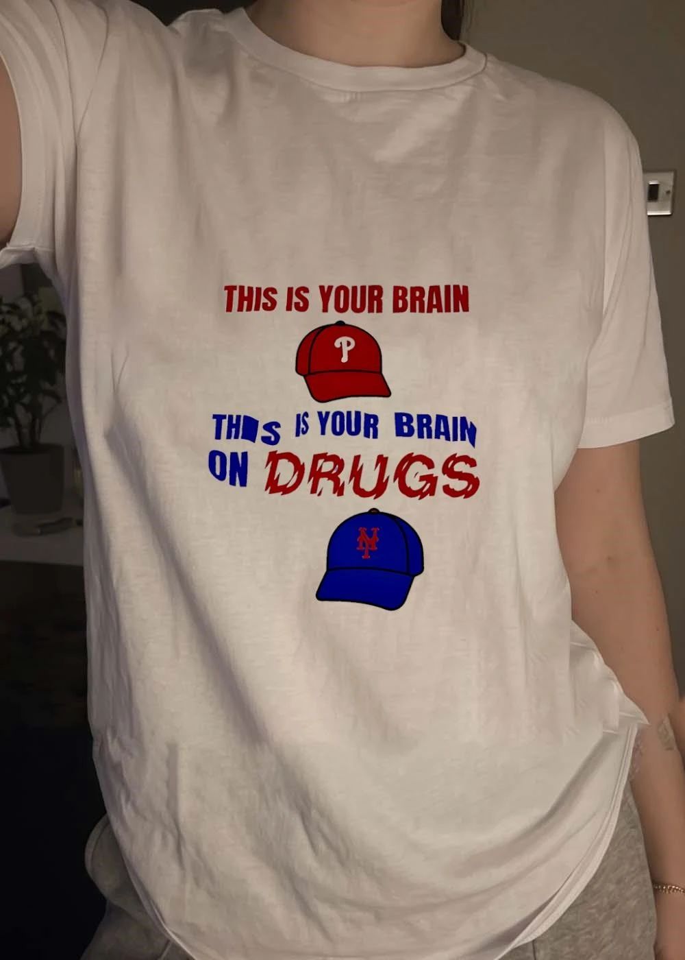 This is your brain on drugs Phillies and Mets baseball caps shirt