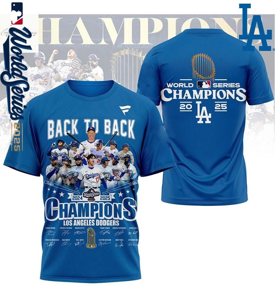 Los Angeles Dodgers 2025 World Series Back To Back Champions Signatures T-Shirt