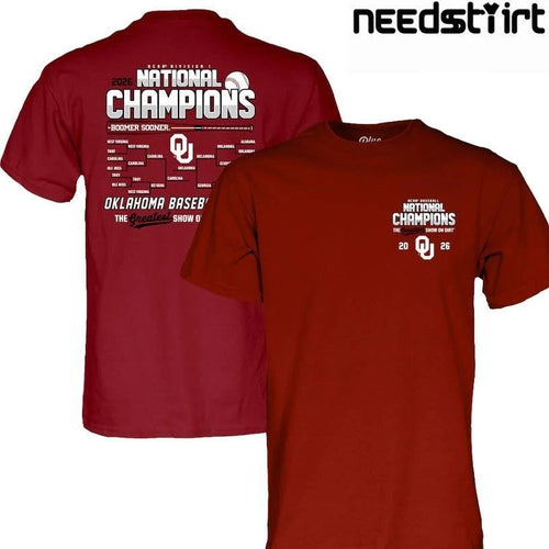 84 Crimson Oklahoma Sooners 2026 NCAA Baseball Men’s College World Series Champions Bracket Two Sided Shirt