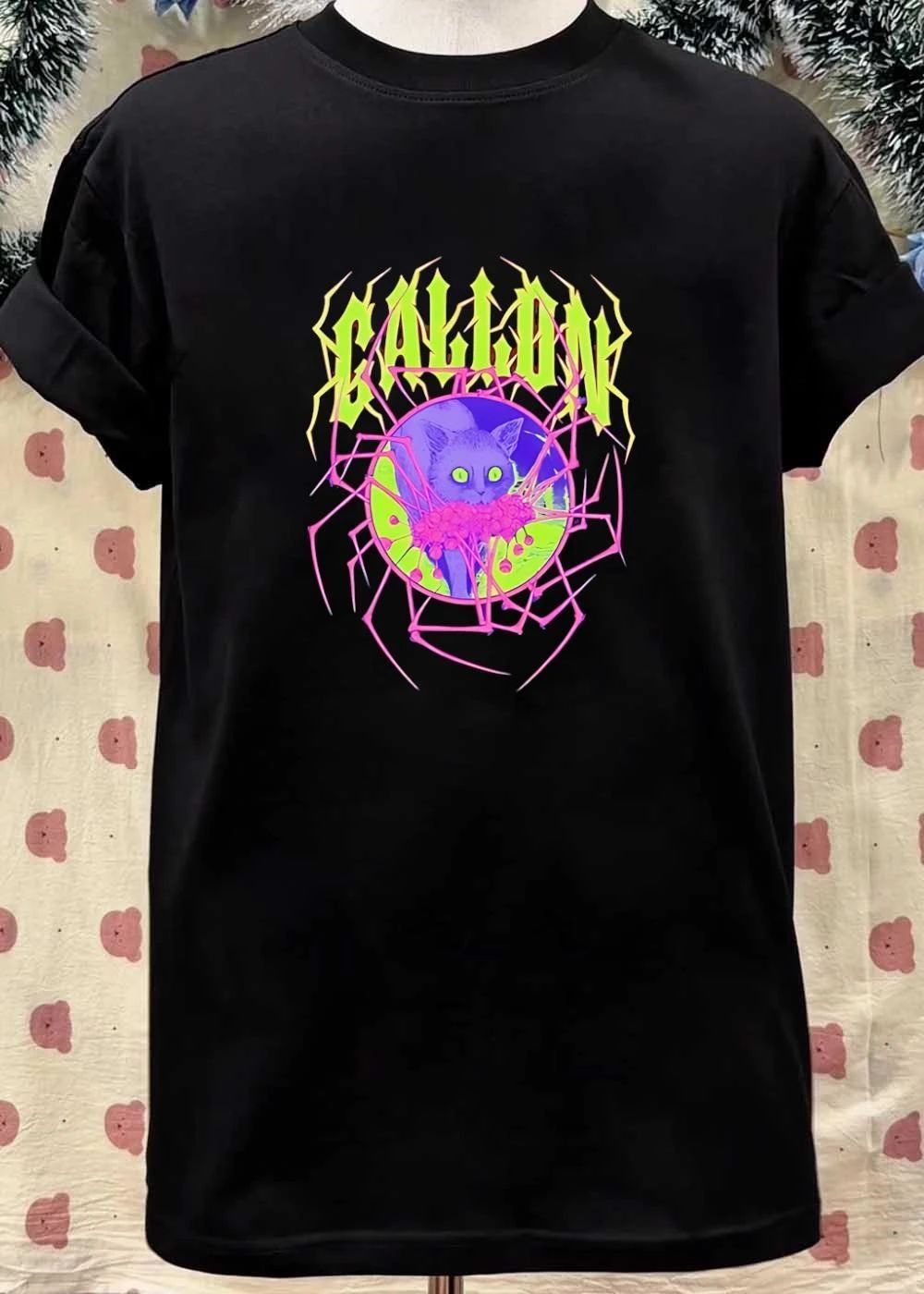 Cat with Flowers Gallon Spider Web Neon Graphic shirt
