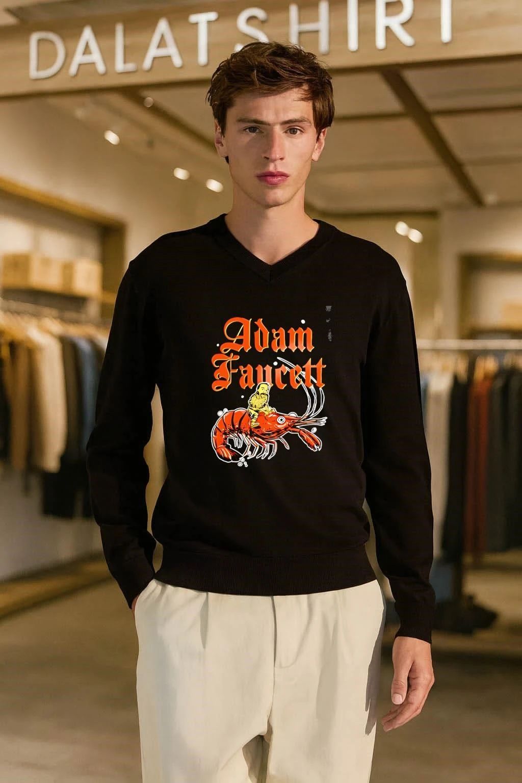 Adam Faucett Man Riding Giant Orange Shrimp shirt